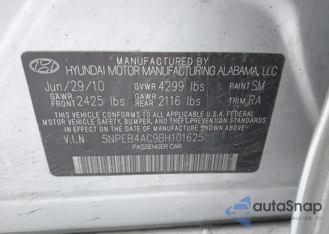2011 Hyundai Sonata Gls z USA, uszkodzony, nr VIN 5NPEB4AC9BH101625